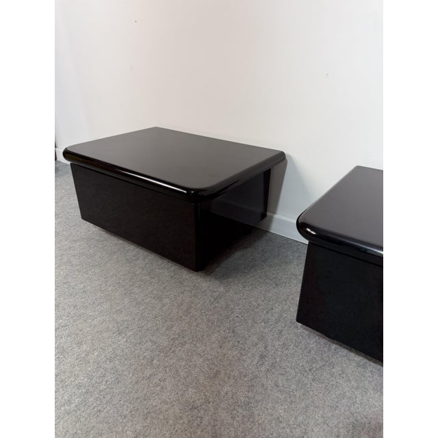 Vintage Low Italian Wooden Bedside Tables with Glossy Lacquered Finish, 1970s, Set of 2 For Sale - Image 11 of 14