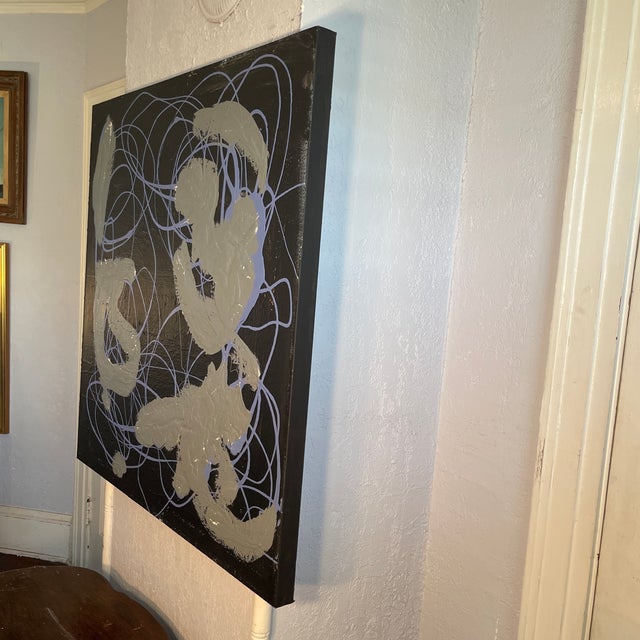 Cornflower Blue “Swirls” Mid Century Modern Abstract, 36x36” #1701 Multidirectional by Artist John Frates , Coa With Invoice Buy 2 Frates Get 1 Free For Sale - Image 8 of 9