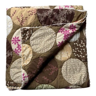 Hippie-Chic Japanese Cotton Medallion Quilt — Chocolate Brown & Pink Floral Circles, Hand Quilted, 66x88in. For Sale
