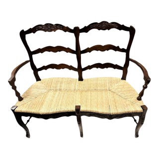 Cherry Wood French Country Rush Seat Ladder Back Settee - Early 21st Century For Sale