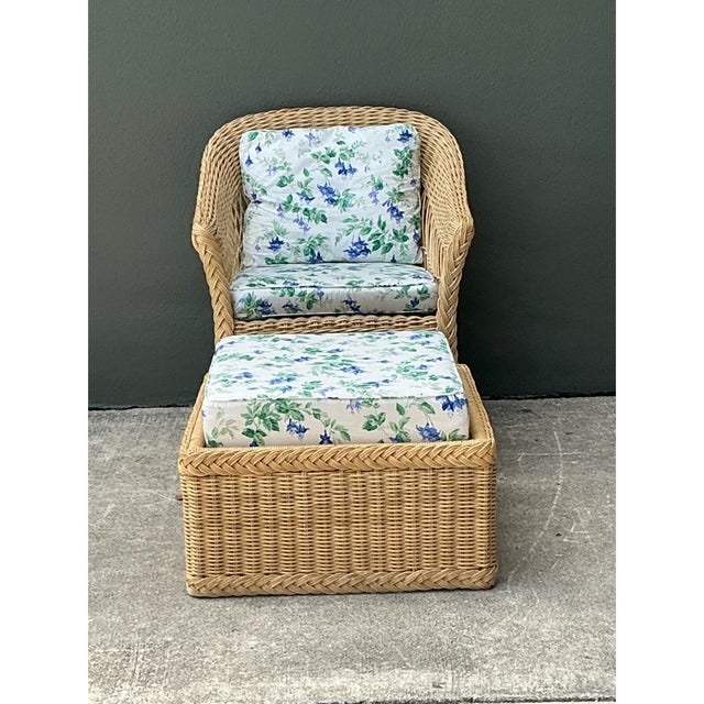 Vintage Woven Rattan Chair and Ottoman in Schumacher “Garden Gate” For Sale - Image 10 of 15