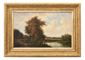 River Landscape with Fishermen, 19th Century, Oil Painting on Canvas, Framed