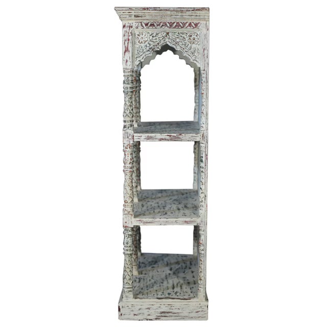 Mid 19th Century Mid 19th Century Handcrafted White Washed Wood Bookcase | Arched 3 Tier Open Shelf Cabinet | Farmhouse Storage Display Unit For Sale - Image 5 of 7