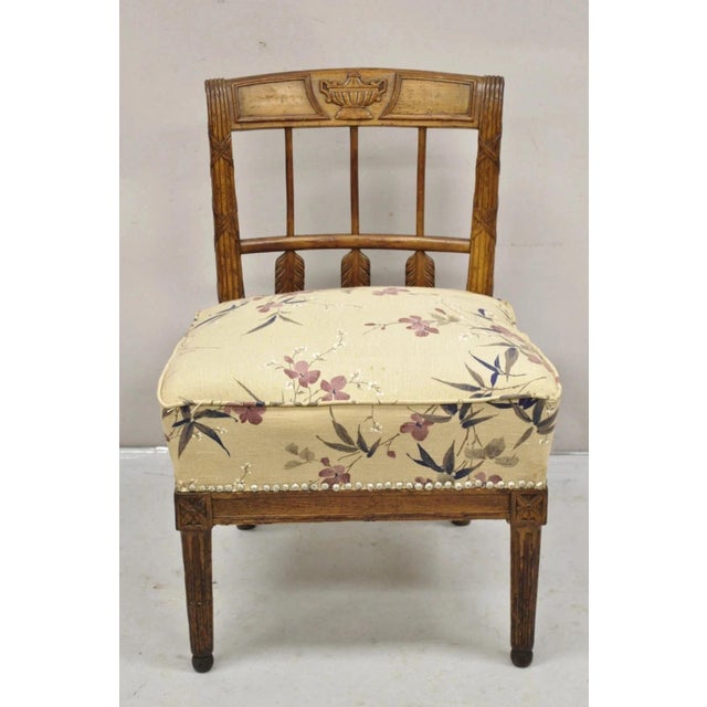 Neoclassical Antique Italian Neoclassical Style Carved Arrow Walnut Low Boudoir Slipper Chair For Sale - Image 3 of 12