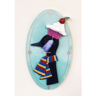 Frederick and His New Hat by Corina St. Martin | Acrylic and Modeling Paste on Birch Black bird wearing a hat and scarf. For Sale