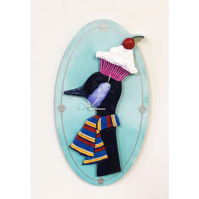 Frederick and His New Hat by Corina St. Martin | Acrylic and Modeling Paste on Birch Black bird wearing a hat and scarf. For Sale