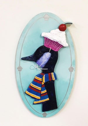 Frederick and His New Hat by Corina St. Martin | Acrylic and Modeling Paste on Birch Black bird wearing a hat and scarf.