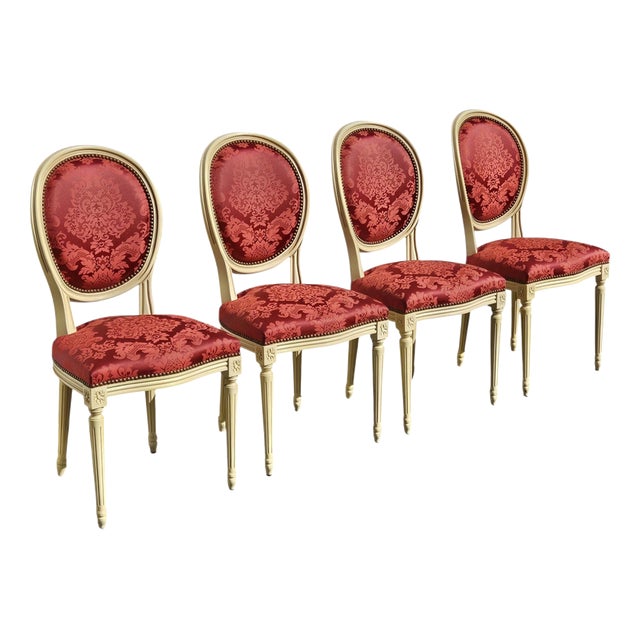 Antique Louis XVI French Medallion Damask Chairs, Set of 4 For Sale
