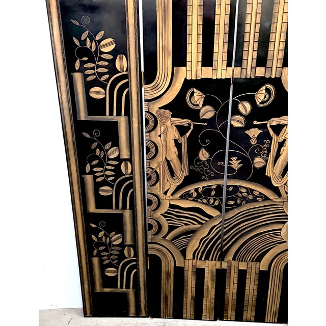 Art Deco 4-Panel Black Lacquer & Gilt Screen, Attributed to Paul Fehér, 20th C. For Sale - Image 14 of 14