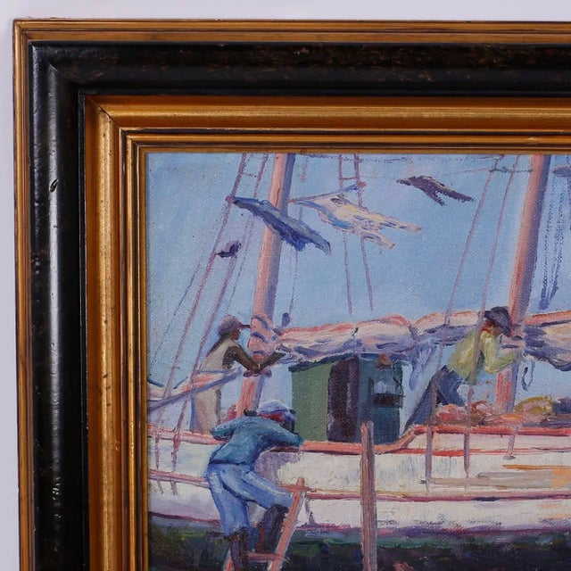 In the tradition of 1930s impressionist, here is a painting by H. A. Burnham of a harbor scene, displaying confident...