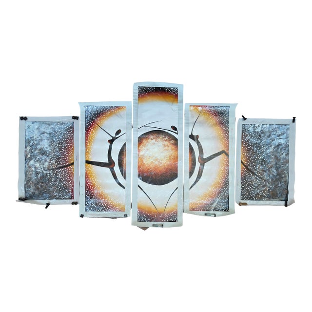 African Tribal Sun Dance Hand Painted Pentaptych on Canvas For Sale