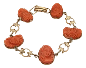 High Relief Women Bust Coral Carved Cameo 14k Rose Gold Bracelet