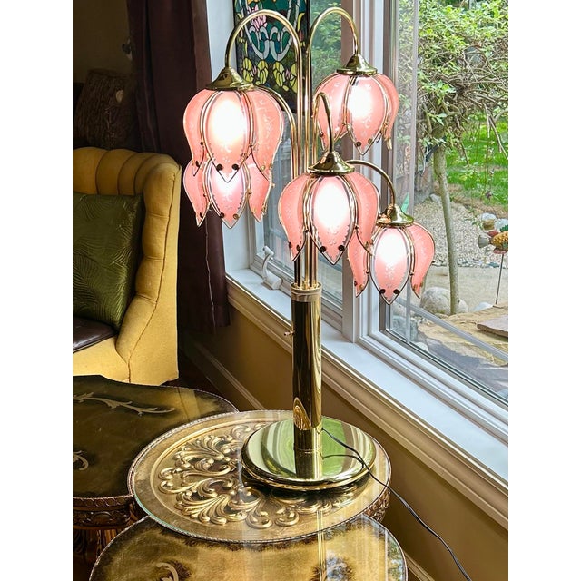 1980s Anthony California Hollywood Regency Lotus Table Lamp With Floral Print on Petals, 3-Way Lights For Sale - Image 9 of 12