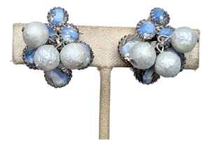 Vintage Verified Delizza & Elster Blue Givre Rhinestone & Baby Blue Dangle Beads Clip Earrings-2 Pieces