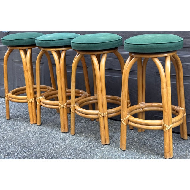 Hollywood Regency Mid-Century Paul Frankl Style Bentwood Rattan Bar Stools - Set of Four For Sale - Image 3 of 11