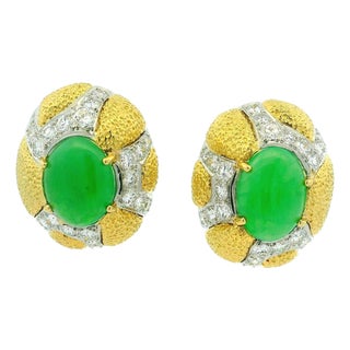 1970s 18k Gold Jade and Diamond Statement Clip-on Earrings, Pair For Sale