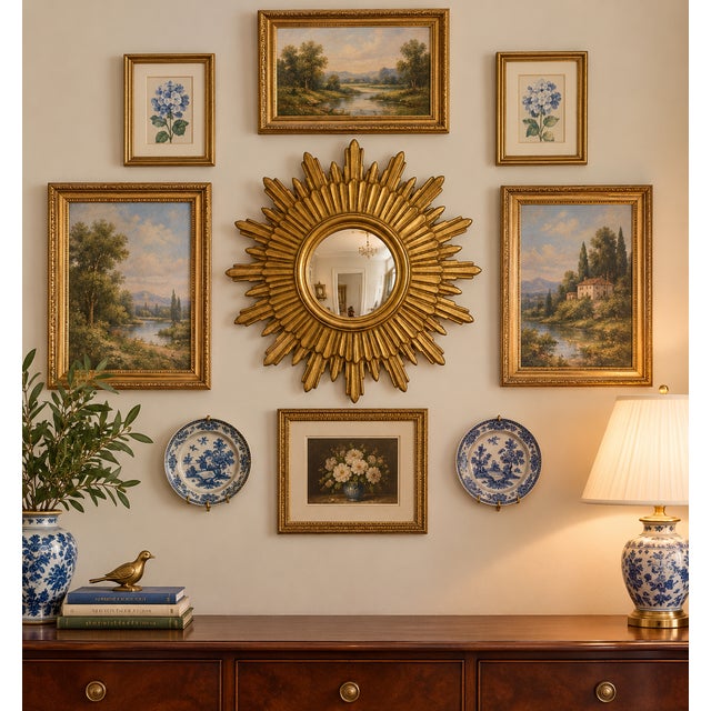 A gorgeous Florentine style 20.25" Italian Gilded Sunburst Wall Mirror from @ 1970s. Made in Italy and acquired from Rome,...