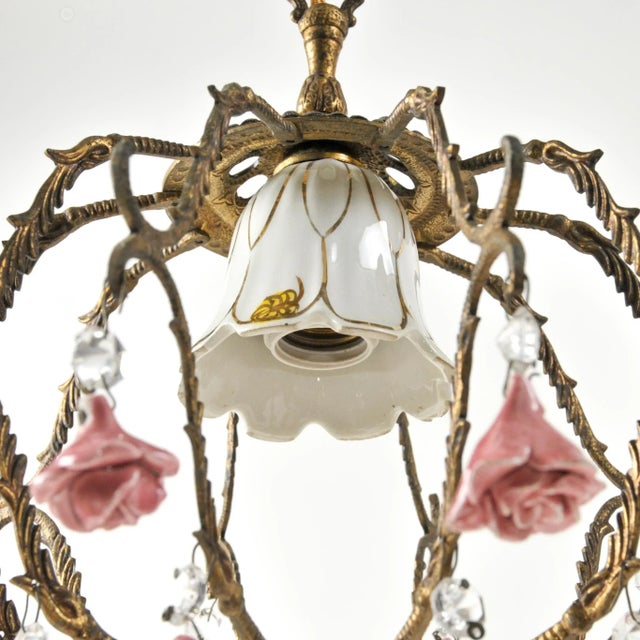 Vintage Petite European Brass and Ceramic Rose Chandelier For Sale - Image 10 of 14