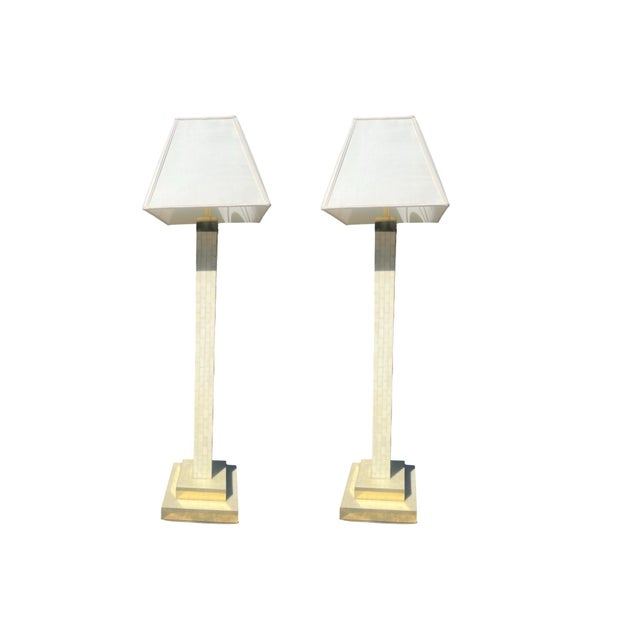 Vintage Mid Century Modern 1970s Tessellated Tile and Brass Floor Lamp Colombia Silk Shade For Sale - Image 10 of 12