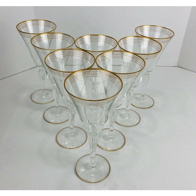 Vintage Art Deco Gold Gilt Ringed Tall Stem Glasses Vtg Wine Water