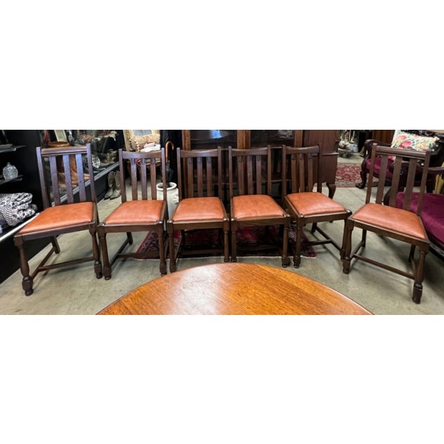 Beautiful set of 6 Arts & Crafts/Mission style chairs expertly crafted of quarter sawn oak. All seats feature leather...