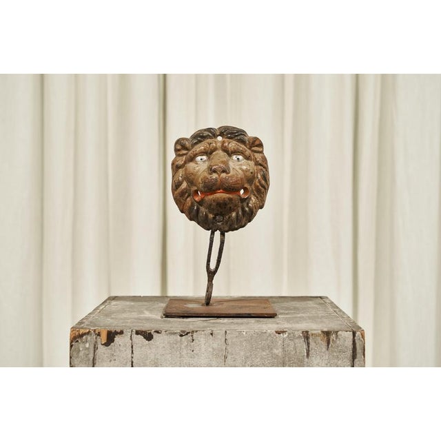 Antique Lion's Head in Polychrome and Cast Iron on Stand Just a wonderful antique lion’s head in heavy cast iron on a...