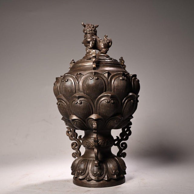 Bronze Lotus Incense Burner – High Relief Censer With Lion Finial For Sale - Image 4 of 9