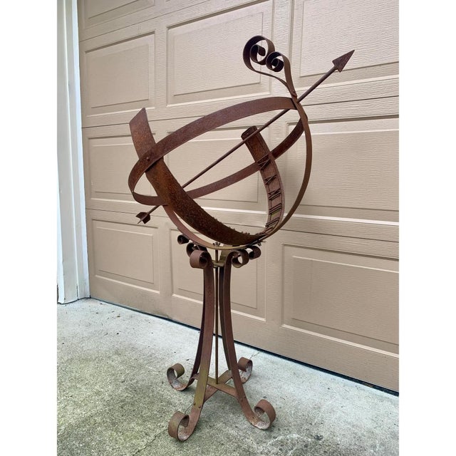 Large Vintage English Country Classical Wrought Iron Garden Armillary Sundial on Stand For Sale - Image 4 of 12