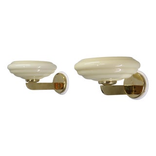 Vintage Art Deco Brass Wall Lights with Opaline Glass Shades, 1940s, Set of 2 For Sale