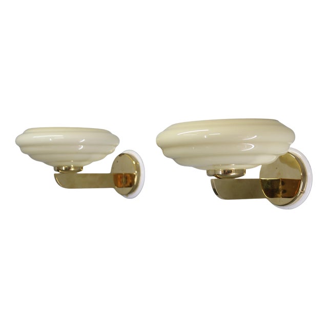 Vintage Art Deco Brass Wall Lights with Opaline Glass Shades, 1940s, Set of 2 For Sale