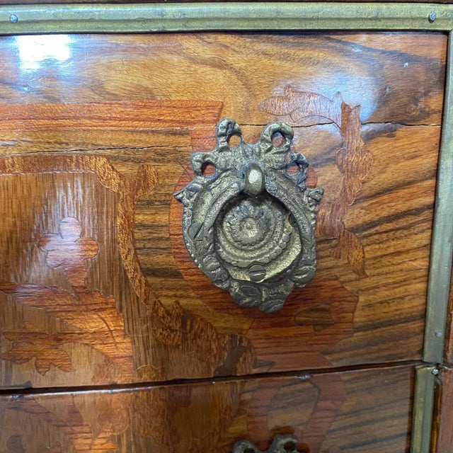 French Louis XVI Marble Top Inlaid Demilune Walnut and Fruitwood Commode Console For Sale - Image 10 of 11