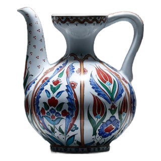Handmade Ceramic Ewer Vase (20cm) Traditional Segmented Body Design with Spout & Handle – Turkish Pitcher Art Decor For Sale