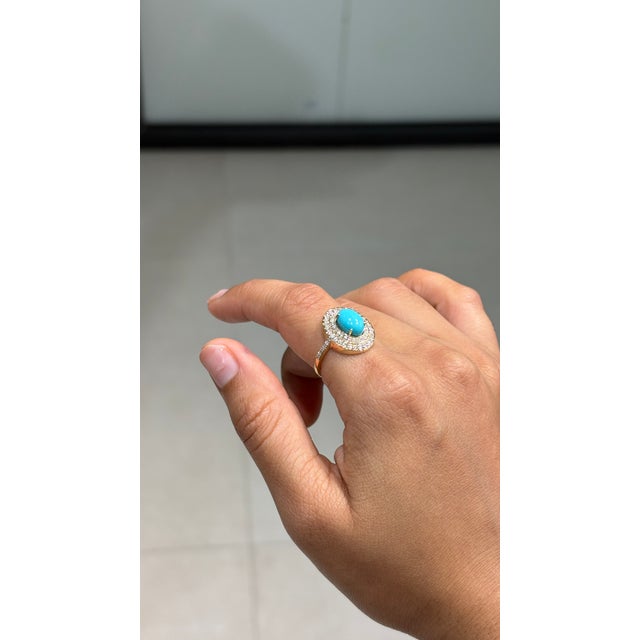Not Yet Made - Made To Order 1.43ct Oval Turquoise Cabochon Double Halo Diamond 14k Gold Contemporary Ring Size 9 For Sale - Image 5 of 17