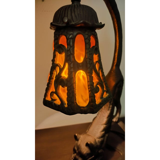 Vintage Heavy Cast Iron Cat Lamp With Hand-Blown Amber Glass Shade For Sale - Image 4 of 10