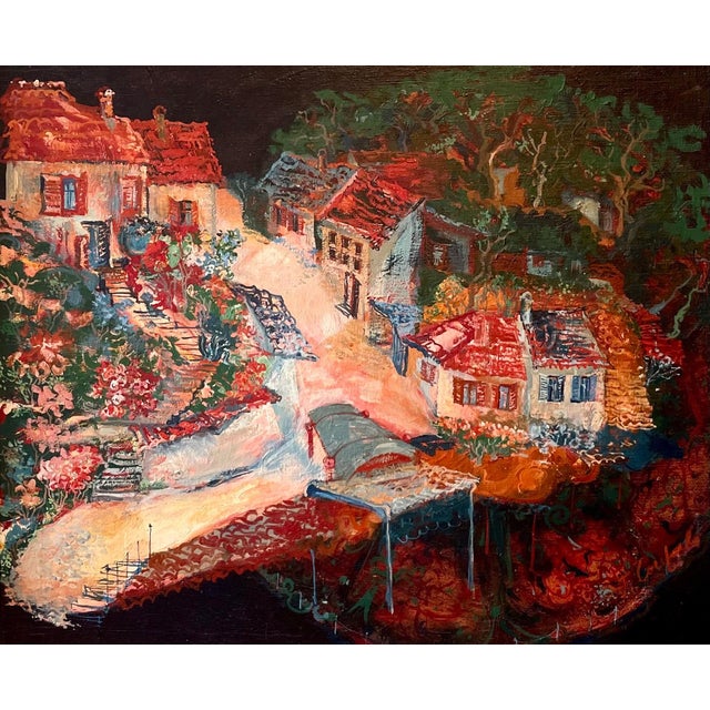 Mid 20th Century Franz Anton Coufal, Austrian Magic Realist Oil Painting Vibrant Village Landscape Scene Franz Coufal For Sale - Image 5 of 12