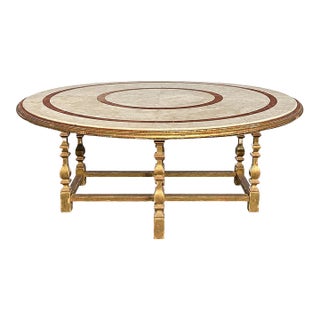 1960s Large 82" Round Italian Inlaid Rouge & Carrera Marble & Carved Gilt Wood Center Table Perfect for Hotel Lobby For Sale