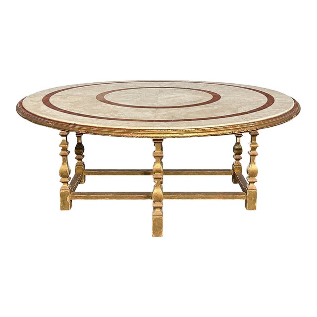 1960s Large 82" Round Italian Inlaid Rouge & Carrera Marble & Carved Gilt Wood Center Table Perfect for Hotel Lobby For Sale