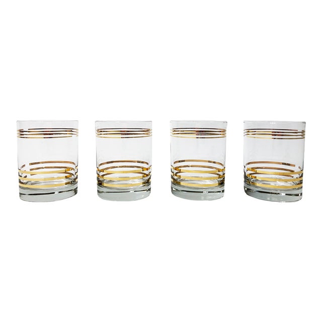 Vintage Mid Century Modern Style Gold Banded Lowball Glasses, Set of 4 For Sale