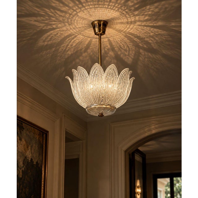 Carl Fagerlund, Orrefors, Swedish Mid-Century Modern, Tulip Chandelier or Pendant Light, Molded Glass, Brass, Sweden,...