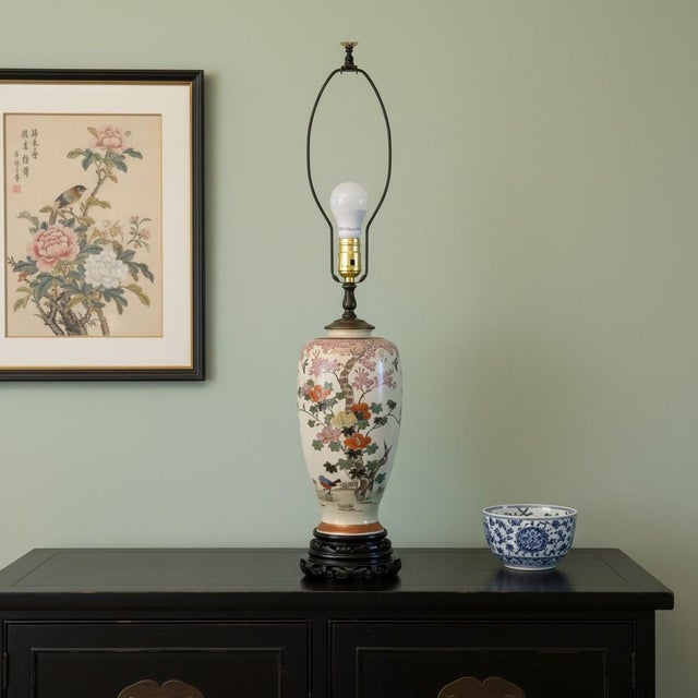 Vintage Satsuma Style Porcelain Table Lamp-Floral-Birds-Crackle Glaze-Wood Base For Sale - Image 9 of 10