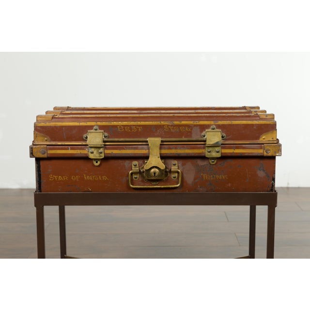 Brown Early 20th Century Star of India Ship's Trunk Made by Newton Shakespeare and Co. on Custom Base For Sale - Image 8 of 12