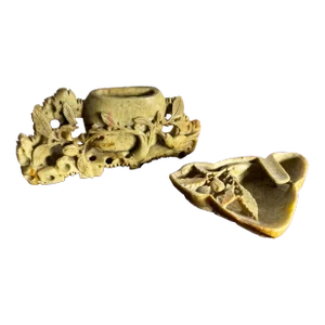 Chinese Hand Carved Soap Stone Dish and Vase - 2 Pieces