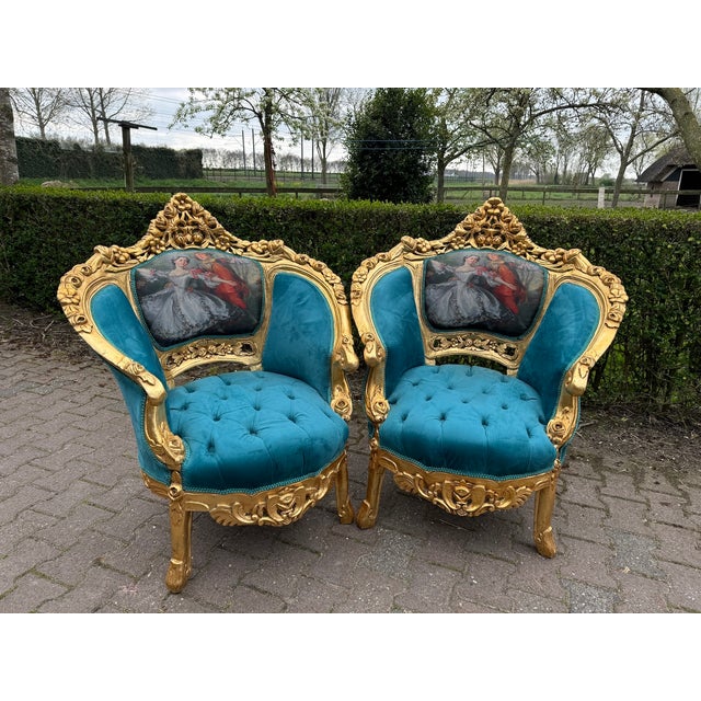 French 1900s French Louis XVI Blue/Green Velvet Beech Sofa Set 5pc For Sale - Image 3 of 18