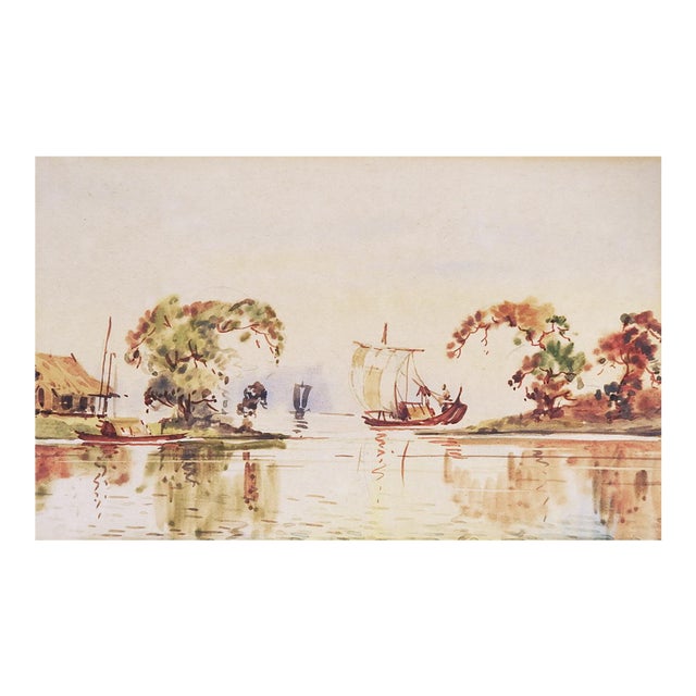 Small Early 20th Century Asian Fishing Villabe Watercolor Painting For Sale