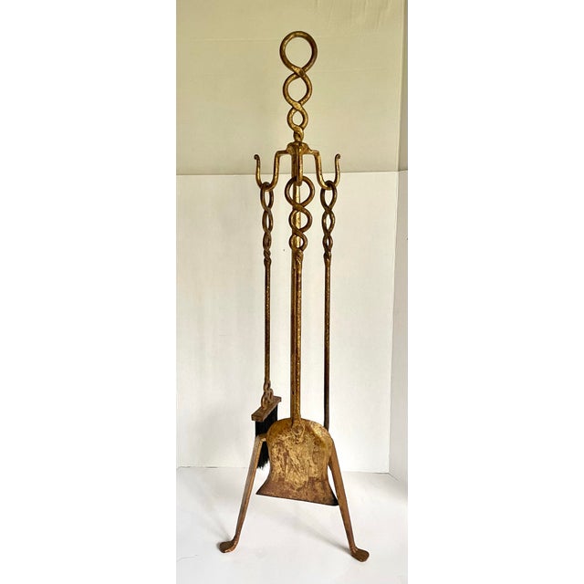 1960s Sculptural Gilt Iron Fireplace Tool Set With Stand For Sale - Image 4 of 9