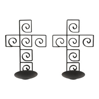 Pair of Black Wrought Iron Cross Candle Holders With Scrollwork For Sale
