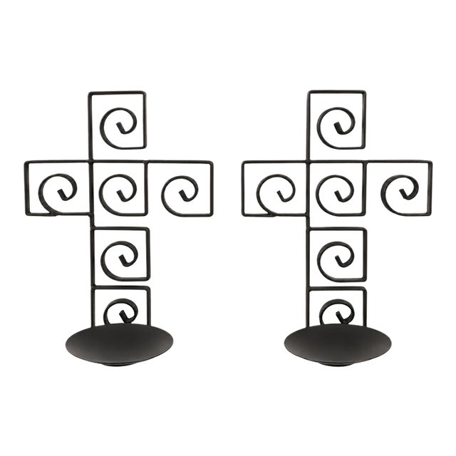 Pair of Black Wrought Iron Cross Candle Holders With Scrollwork For Sale