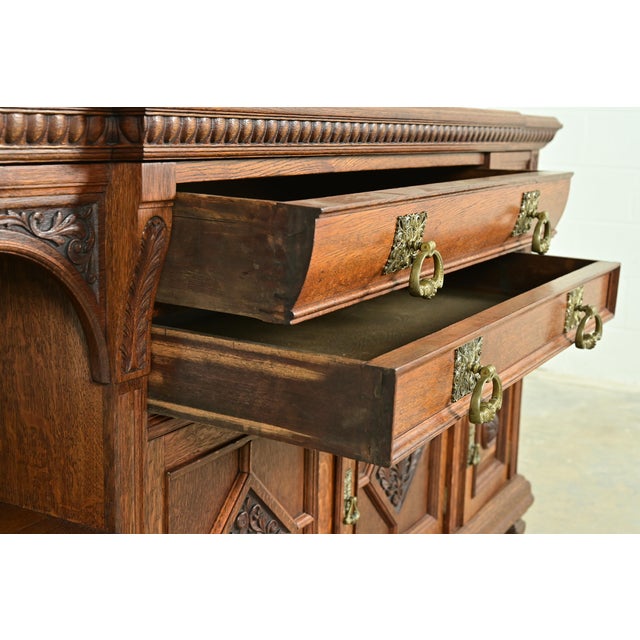 Brown Herter Brothers Style Antique English Victorian Carved Oak Mirrored Back Bar or Sideboard, Circa 1890s For Sale - Image 8 of 12