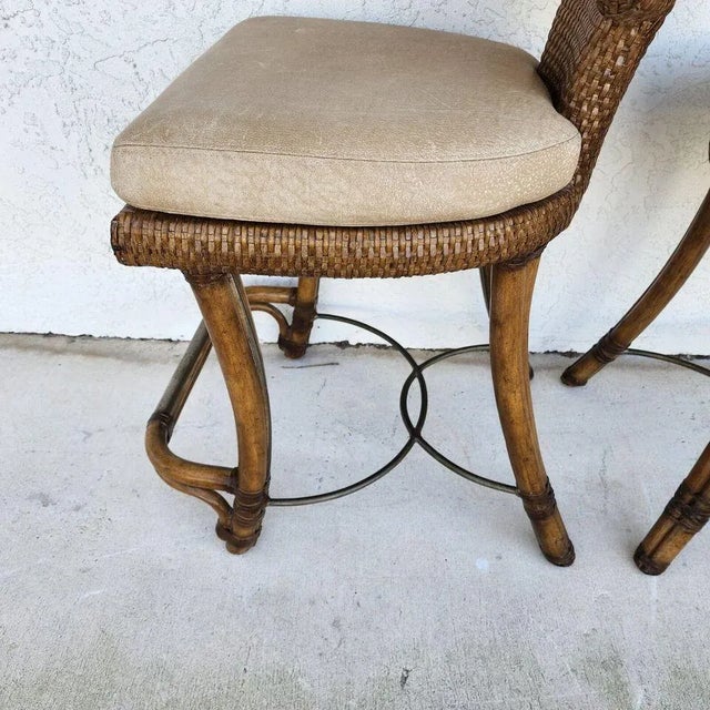 Kreiss Bamboo Counter Stools Leather Pair For Sale In Miami - Image 6 of 12