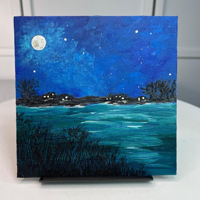 Super Moon 6" X 6" Acrylic Painting Signed Full Moon & Night Sky Art Unframed For Sale - Image 4 of 7
